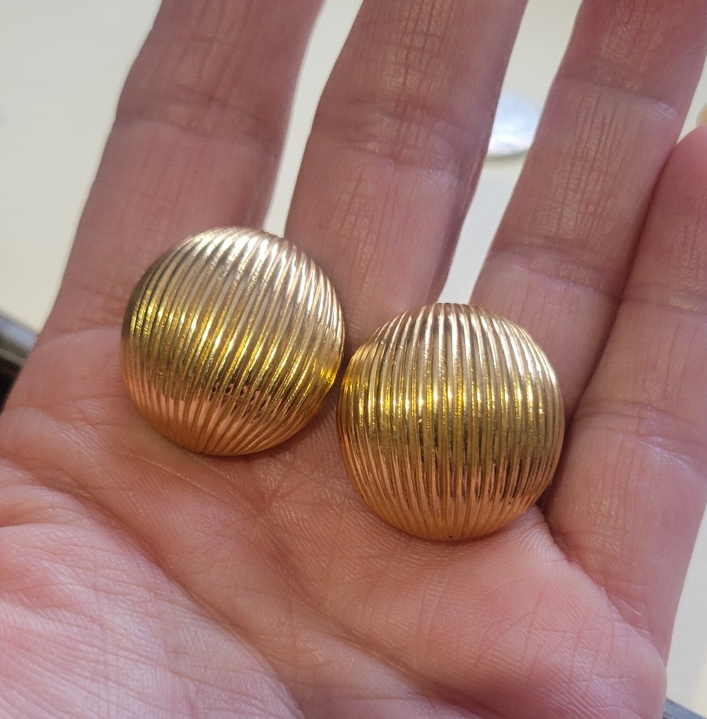 Gold Ribbed Button Clip On Earrings - Picture 3 of 3